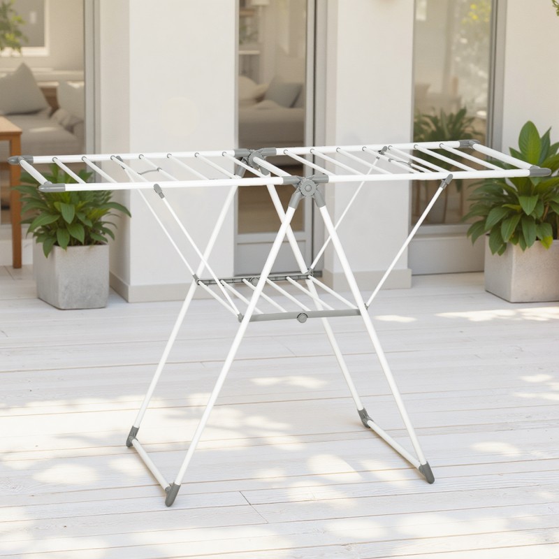 Pyykkiteline kaksitasoinen taitettava metallinen 156,5 cm kuivausala valkoinen