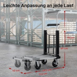 Taittuva kuljetusvaunu 150 kg metallia, säädettävä kuormataso ja korkeussäädettävä kahva, musta