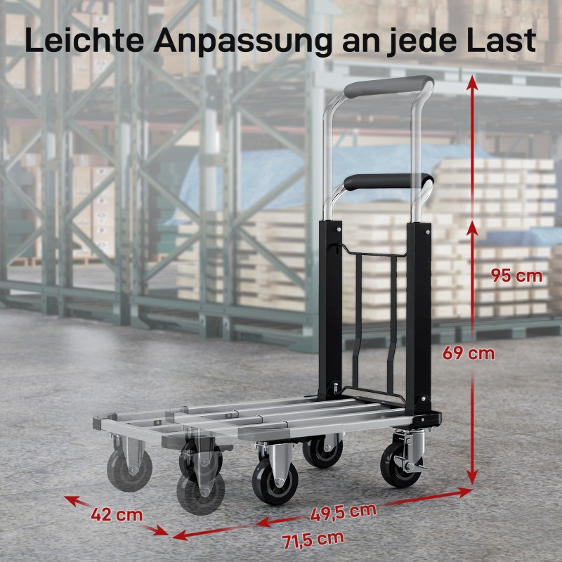 Taittuva kuljetusvaunu 150 kg metallia, säädettävä kuormataso ja korkeussäädettävä kahva, musta