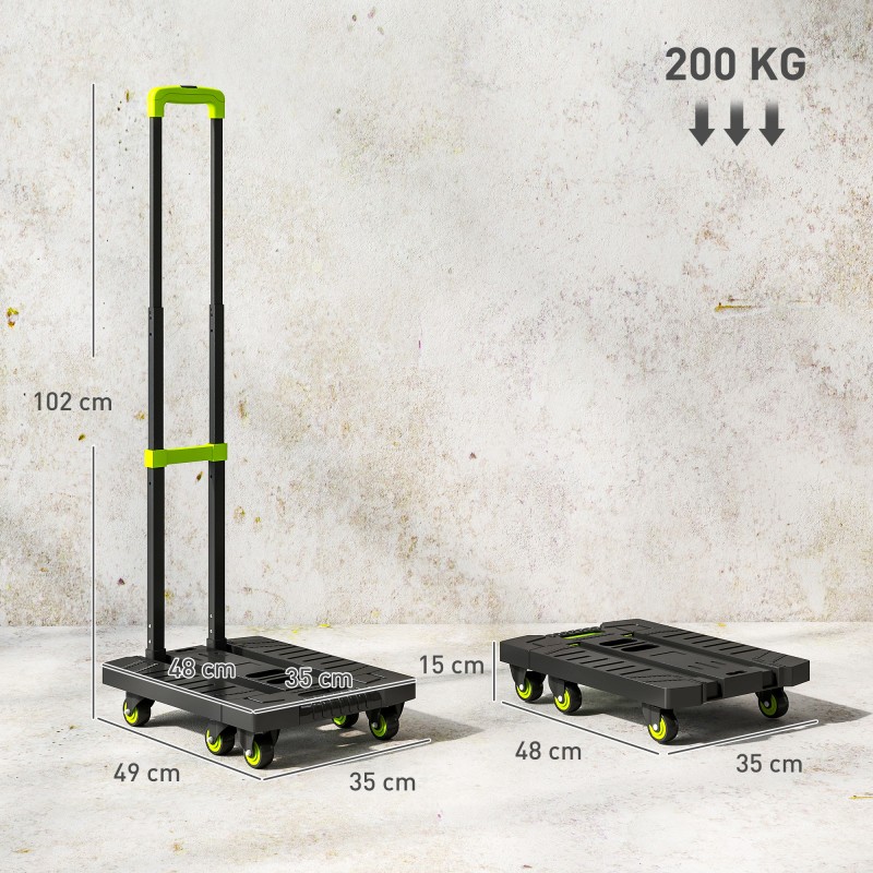 Taitettava kuljetusvaunu / sackkarre, metalli, 200 kg, 49 x 35 x 102 cm, musta-vihreä