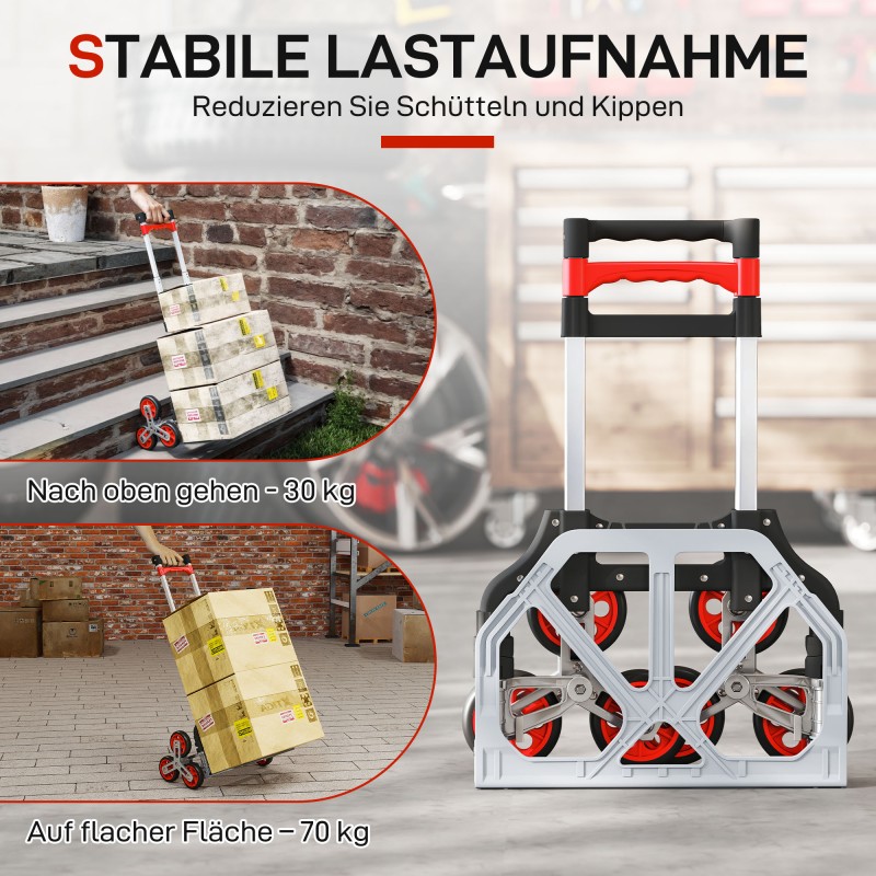 Taitettava porrasvaunu, 6-pyöräinen tavarankuljetusvaunu, alumiini, kantavuus 70 kg, punainen