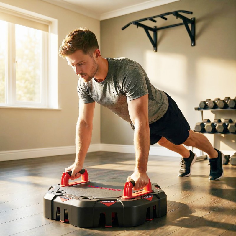 Treenilauta 7-in-1 punnerruslauta vastuskuminauhoilla ja oviankkurilla, punainen/musta