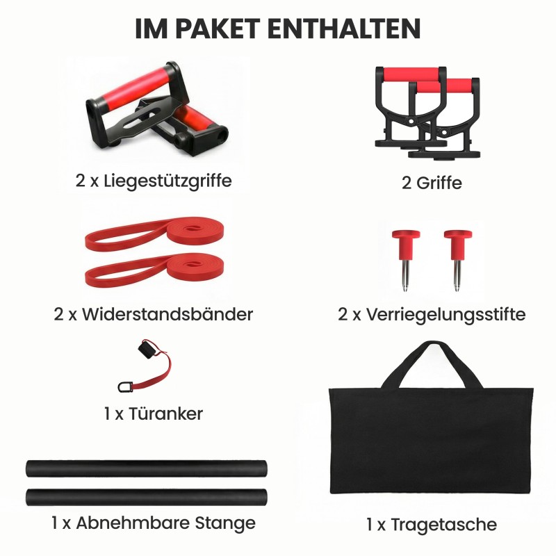 Treenilauta 7-in-1 punnerruslauta vastuskuminauhoilla ja oviankkurilla, punainen/musta