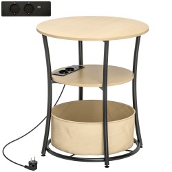 Sivupöytä kolmitasoinen luonnonpuun sävyinen 50 x 55 1 cm metallirunko kangastasku ja ladattava pistorasia USB USB C