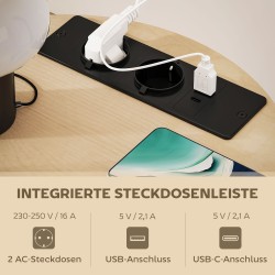 Sivupöytä kolmitasoinen luonnonpuun sävyinen Ø50 x 55,1 cm, metallirunko, kangastasku ja ladattava pistorasia USB/USB-C