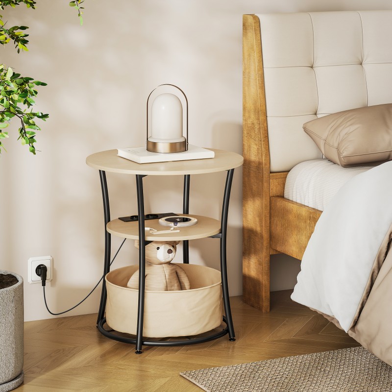 Sivupöytä kolmitasoinen luonnonpuun sävyinen Ø50 x 55,1 cm, metallirunko, kangastasku ja ladattava pistorasia USB/USB-C