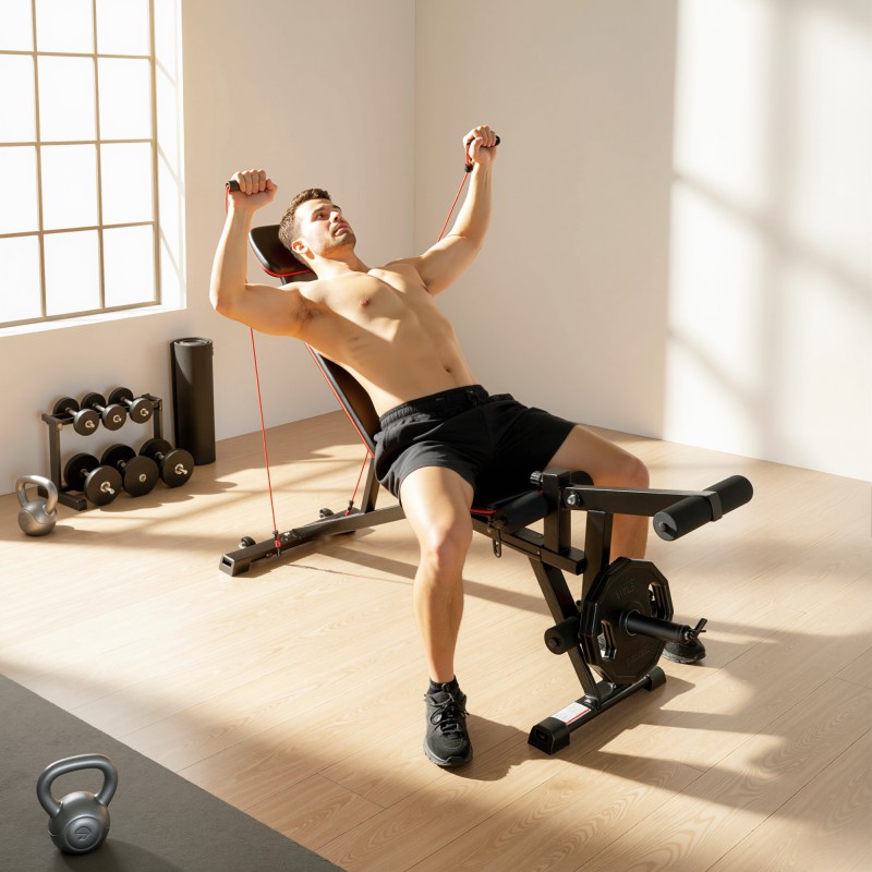 Säädettävä kuntopenkki 3-in-1, hauistuki ja reisiojennus, vastuskuminauhat, kantavuus 300 kg, musta