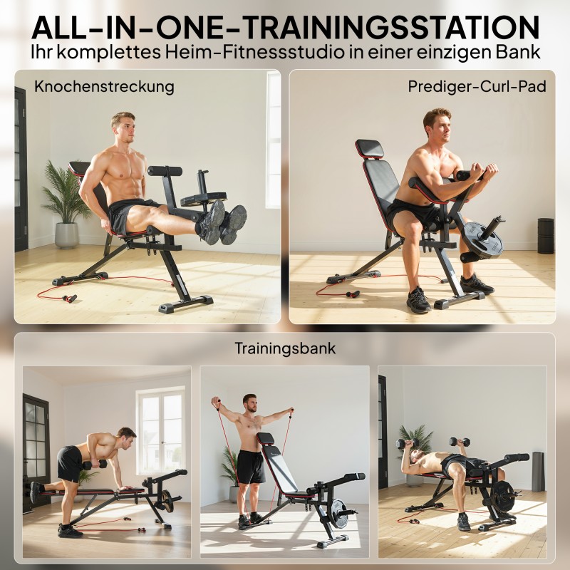 Säädettävä kuntopenkki 3-in-1, hauistuki ja reisiojennus, vastuskuminauhat, kantavuus 300 kg, musta