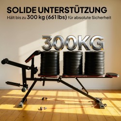 Säädettävä kuntopenkki 3-in-1, hauistuki ja reisiojennus, vastuskuminauhat, kantavuus 300 kg, musta