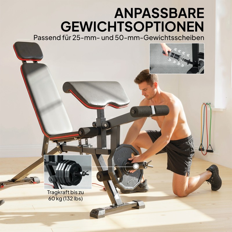 Säädettävä kuntopenkki 3-in-1, hauistuki ja reisiojennus, vastuskuminauhat, kantavuus 300 kg, musta