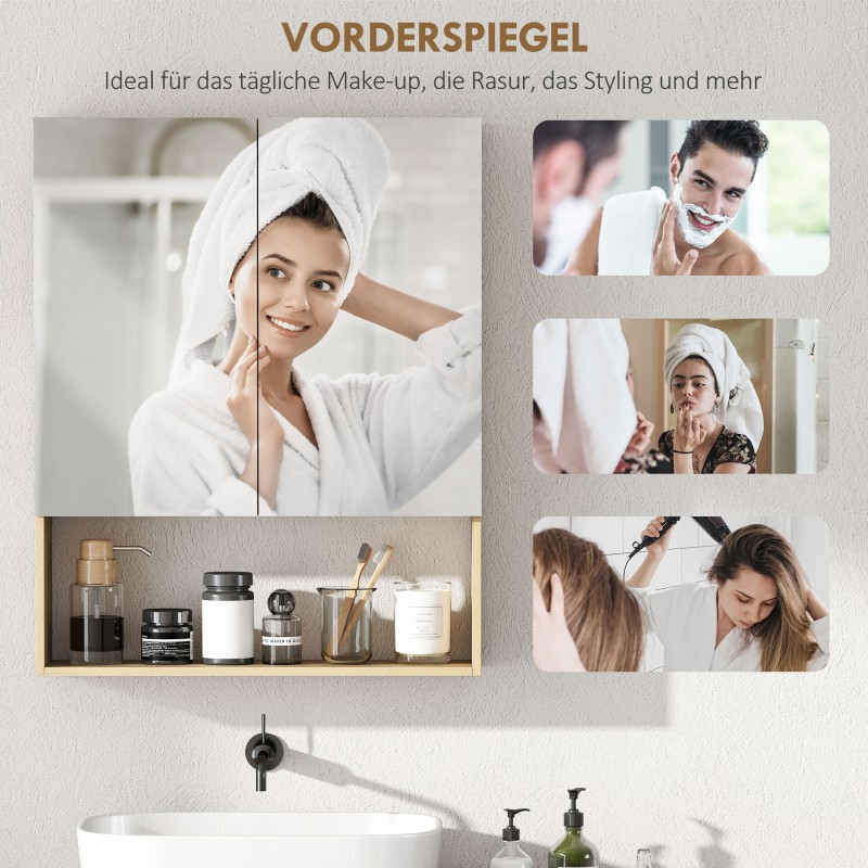 Kylpyhuoneen seinään asennettava peilikaappi avoimella hyllyllä, MDF/lastulevy, 60 x 16,6 x 75 cm, tammi