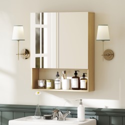 Kylpyhuoneen seinään asennettava peilikaappi avoimella hyllyllä, MDF/lastulevy, 60 x 16,6 x 75 cm, tammi