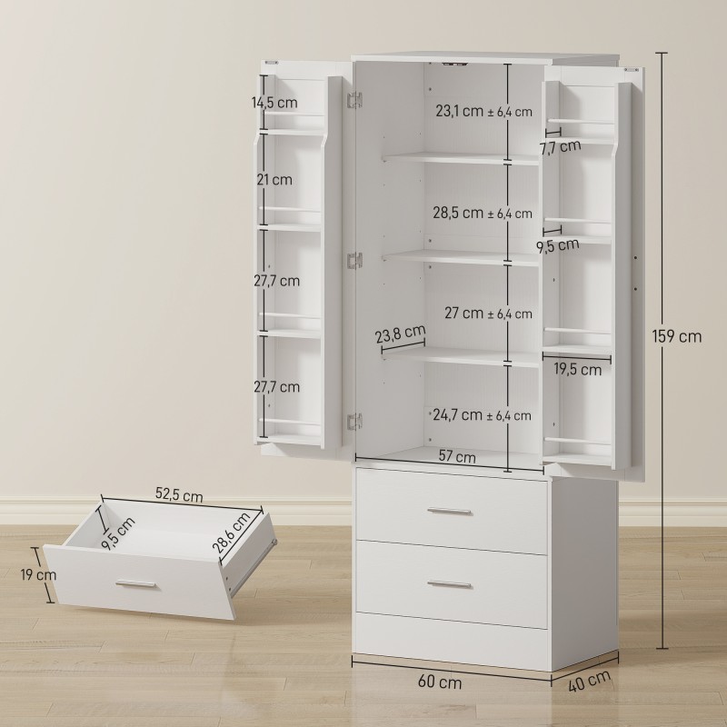 Keittiökaappi säädettävillä hyllyillä ja 2 laatikolla 60 x 40 x 159 cm valkoinen MDF/lastulevy