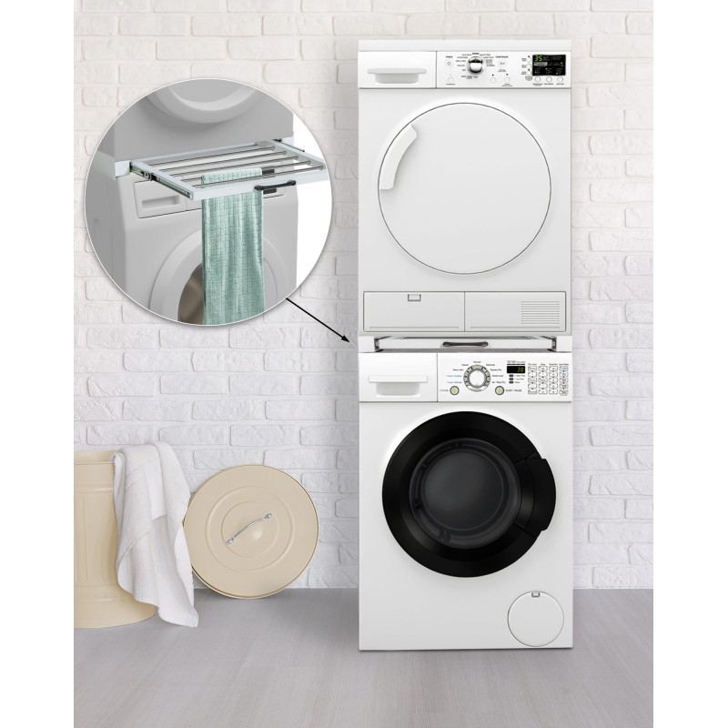 Tilaa säästävä pesukoneliitoskehys Sebastian pyykkitelineellä