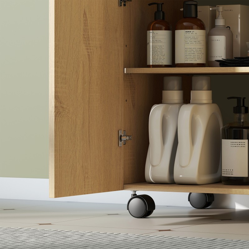 Allaskaappi kylpyhuoneeseen 60x39,8x62 cm, 3‑tasoinen hylly, pyörillä, puun sävy