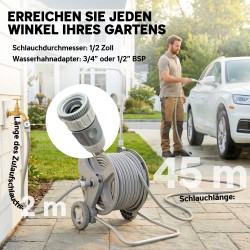 Letkukelkka 45 m puutarhaletkulla, 2 kastelukuviota, pyörillä, muovi, harmaa