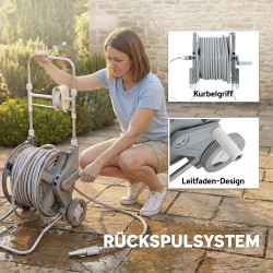 Letkukelkka 45 m puutarhaletkulla, 2 kastelukuviota, pyörillä, muovi, harmaa