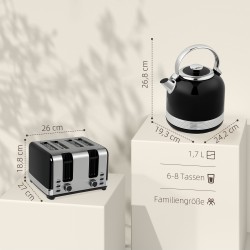 Vedenkeitin ja leivänpaahdin setti, 1,7 L, 4 viipaletta, 7 paahtoastetta, muovi/ruostumaton teräs, musta/hopea