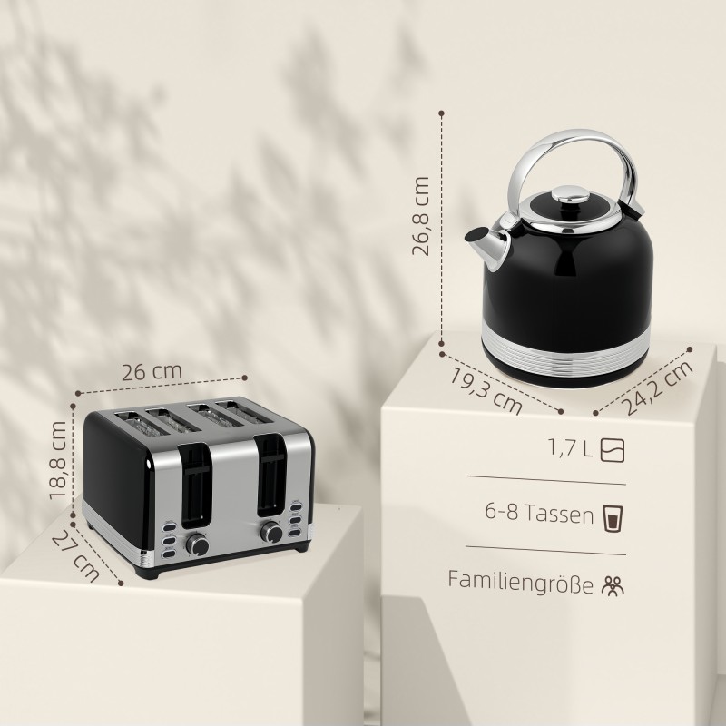 Vedenkeitin ja leivänpaahdin setti, 1,7 L, 4 viipaletta, 7 paahtoastetta, muovi/ruostumaton teräs, musta/hopea