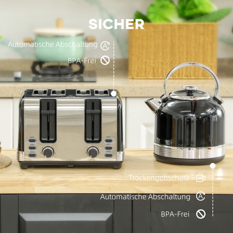 Vedenkeitin ja leivänpaahdin setti, 1,7 L, 4 viipaletta, 7 paahtoastetta, muovi/ruostumaton teräs, musta/hopea