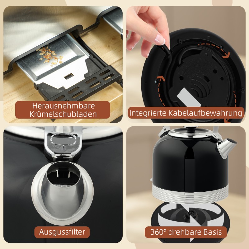 Vedenkeitin ja leivänpaahdin setti, 1,7 L, 4 viipaletta, 7 paahtoastetta, muovi/ruostumaton teräs, musta/hopea