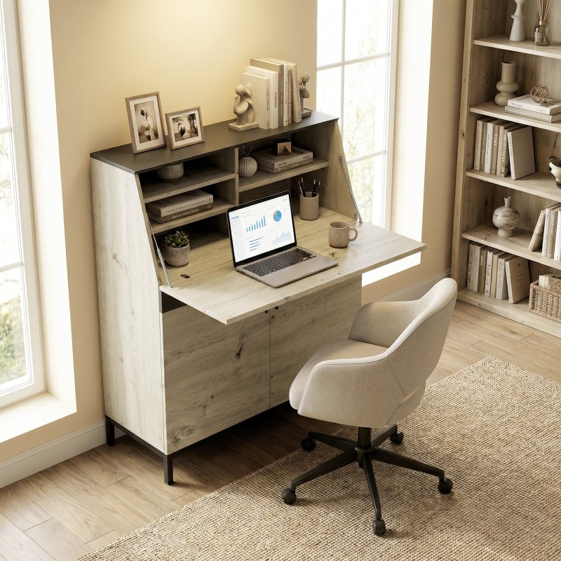 Työpöytä-kaappi teollinen sekretääri 100 cm luonnonpuu musta metallirunko hyllyillä