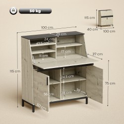 Työpöytä-kaappi teollinen sekretääri 100 cm luonnonpuu musta metallirunko hyllyillä