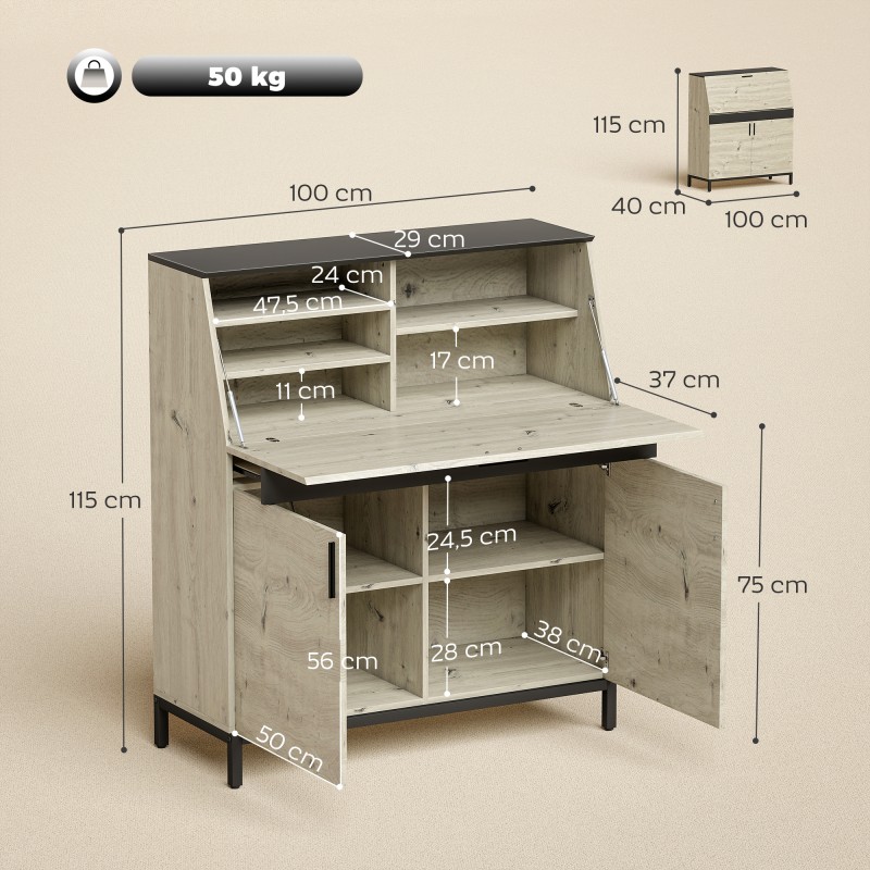 Työpöytä-kaappi teollinen sekretääri 100 cm luonnonpuu musta metallirunko hyllyillä
