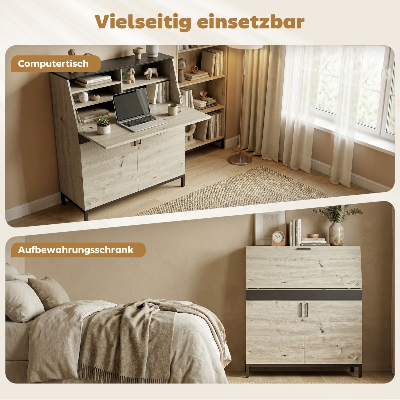 Työpöytä-kaappi teollinen sekretääri 100 cm luonnonpuu musta metallirunko hyllyillä