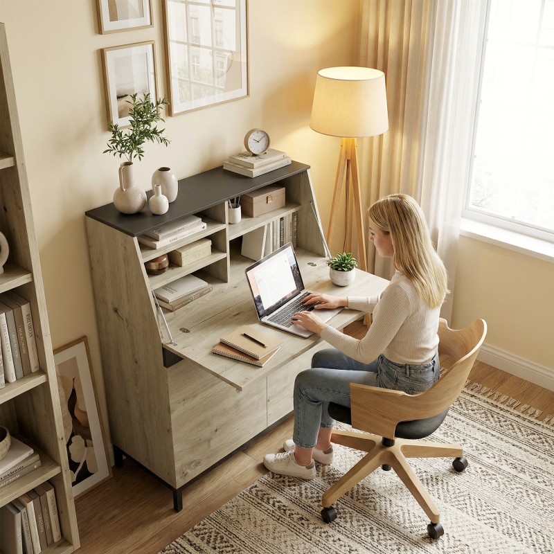 Työpöytä-kaappi teollinen sekretääri 100 cm luonnonpuu musta metallirunko hyllyillä