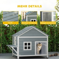 Kissatalo ulkokäyttöön puinen 2-kerroksinen, aukeava katto, sivutaso, 101 x 72,5 x 81 cm, harmaa-valkoinen