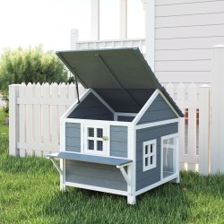 Kissatalo ulkokäyttöön puinen 2-kerroksinen, aukeava katto, sivutaso, 101 x 72,5 x 81 cm, harmaa-valkoinen