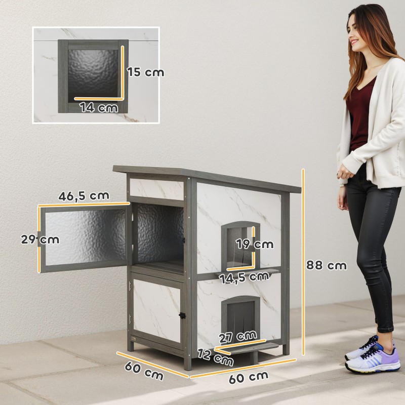 Ulkokissan talo kaksikerroksinen kuusipuinen eristetty 60 x 60 x 88 cm harmaa/valkoinen