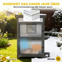 Ulkokissan talo kaksikerroksinen kuusipuinen eristetty 60 x 60 x 88 cm harmaa/valkoinen