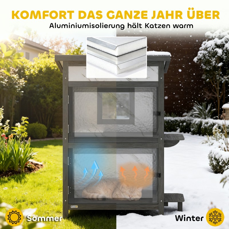 Ulkokissan talo kaksikerroksinen kuusipuinen eristetty 60 x 60 x 88 cm harmaa/valkoinen