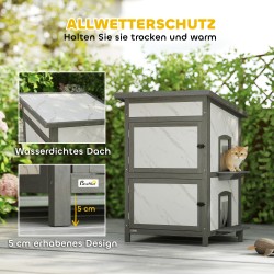 Ulkokissan talo kaksikerroksinen kuusipuinen eristetty 60 x 60 x 88 cm harmaa/valkoinen