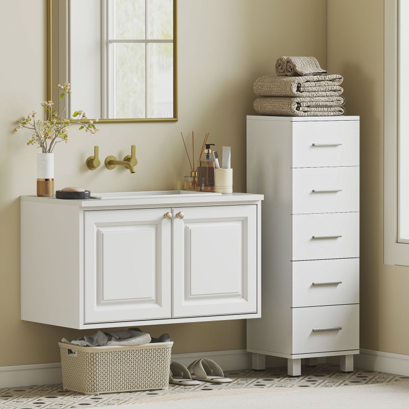 Kapea kylpyhuonekaappi 5 laatikkoa FSC-lastulevy 30 x 30 x 95 cm valkoinen