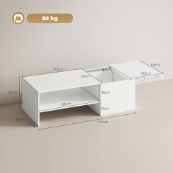 Sohvapöytä liukuvalla tasolla ja säilytystilalla, lastulevy, 110 x 52 x 36 cm, valkoinen