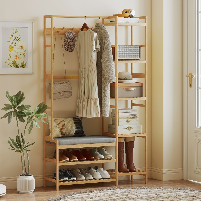 Eteiskaluste naulakolla ja kenkäpenkillä, bambu, 104 x 33 x 175 cm, luonnonvärinen/harmaa