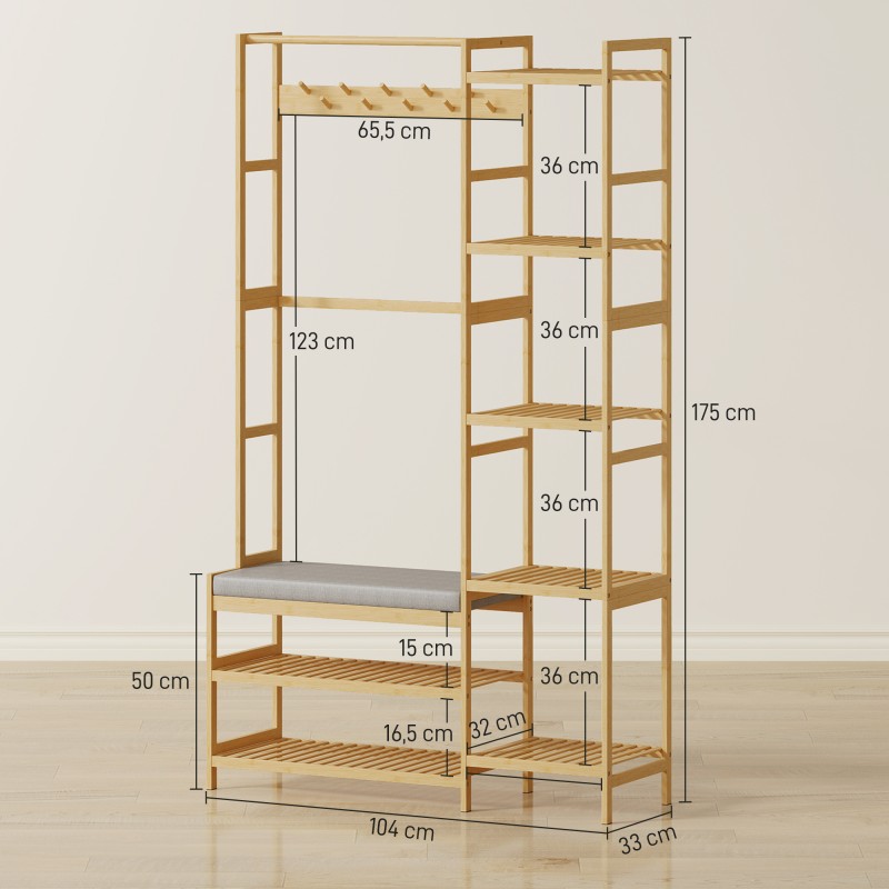 Eteiskaluste naulakolla ja kenkäpenkillä, bambu, 104 x 33 x 175 cm, luonnonvärinen/harmaa