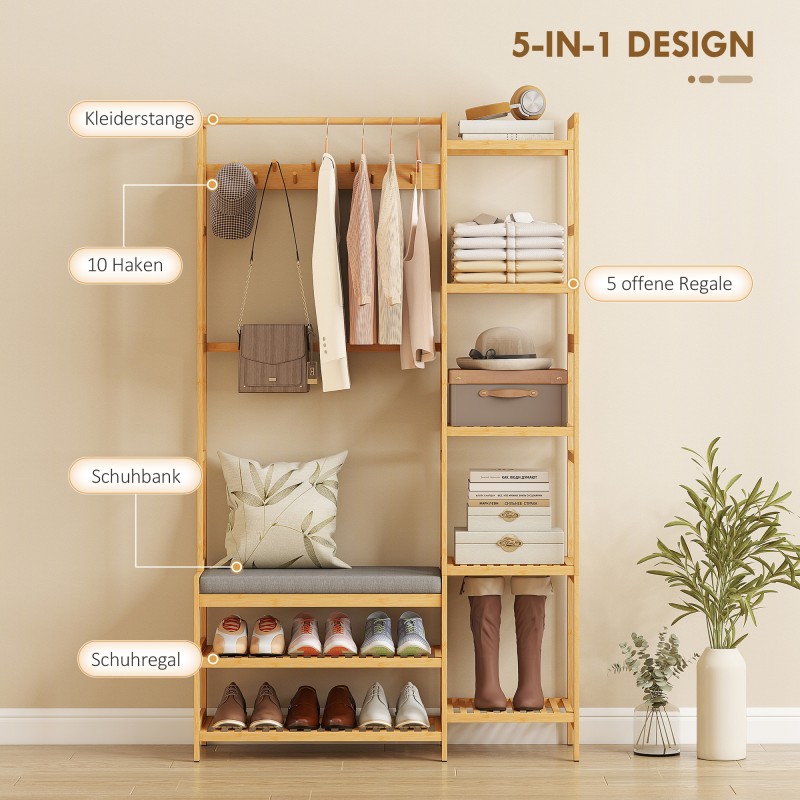 Eteiskaluste naulakolla ja kenkäpenkillä, bambu, 104 x 33 x 175 cm, luonnonvärinen/harmaa