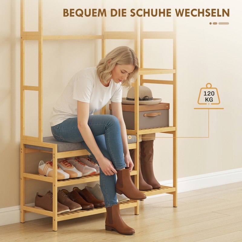 Eteiskaluste naulakolla ja kenkäpenkillä, bambu, 104 x 33 x 175 cm, luonnonvärinen/harmaa