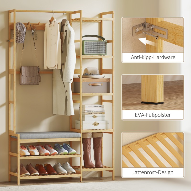 Eteiskaluste naulakolla ja kenkäpenkillä, bambu, 104 x 33 x 175 cm, luonnonvärinen/harmaa