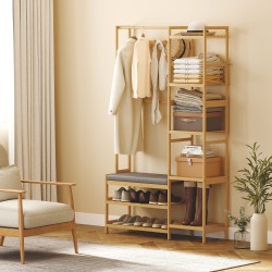 Eteiskaluste naulakolla ja kenkäpenkillä, bambu, 104 x 33 x 175 cm, luonnonvärinen/harmaa