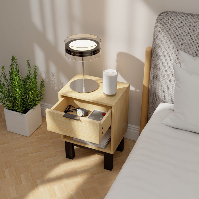 Yöpöytä laatikolla ja avohyllyllä, lastulevy, 35 x 26 x 50 cm, tammi