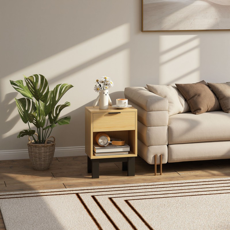 Yöpöytä laatikolla ja avohyllyllä, lastulevy, 35 x 26 x 50 cm, tammi