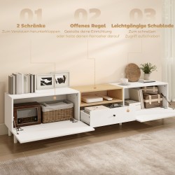TV-taso olohuoneeseen 200 cm, lastulevy, max 90" TV, valkoinen/puun sävy, laatikko ja kaapit