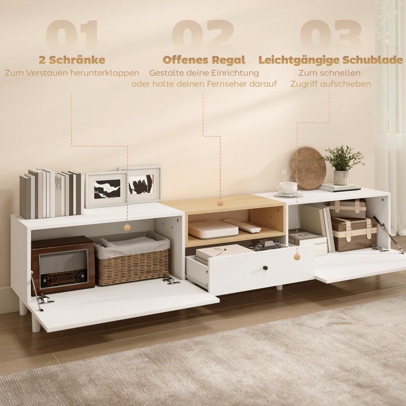 TV-taso olohuoneeseen 200 cm, lastulevy, max 90" TV, valkoinen/puun sävy, laatikko ja kaapit