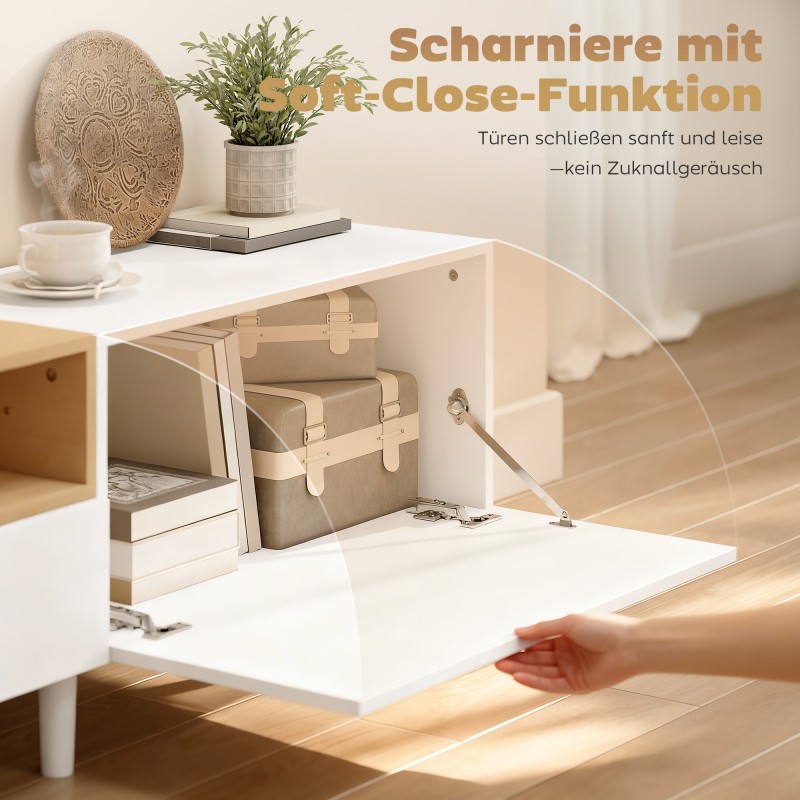 TV-taso olohuoneeseen 200 cm, lastulevy, max 90" TV, valkoinen/puun sävy, laatikko ja kaapit