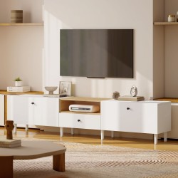 TV-taso olohuoneeseen 200 cm, lastulevy, max 90" TV, valkoinen/puun sävy, laatikko ja kaapit